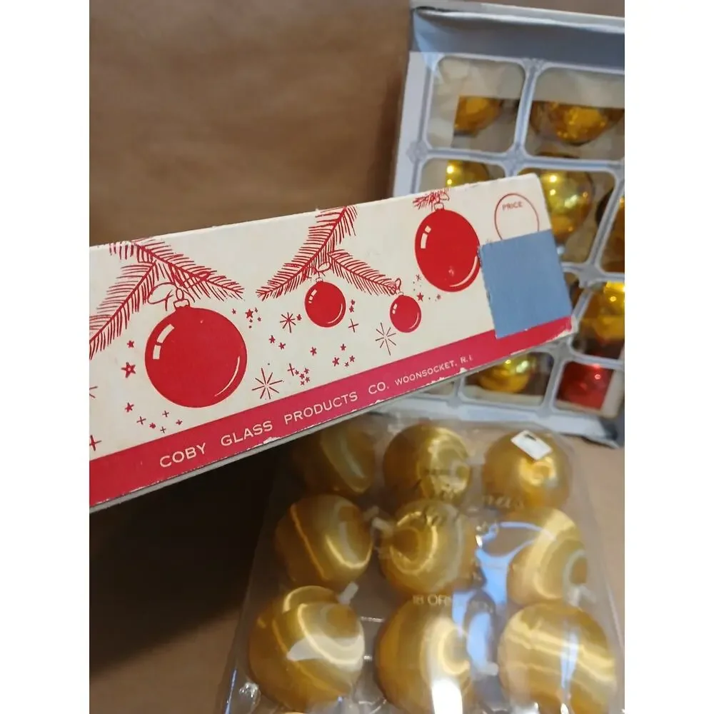 Christmas Ornament Balls Vintage Holly Coby Glass Satin Red Gold FAST SHIPPING